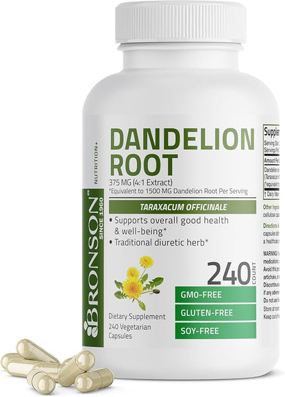 Bronson Dandelion Root High Potency Supplement, Supports Overall Good Health & Well-Being, Traditional Diuretic Herb - Non-GMO, 240 Vegetarian Capsules