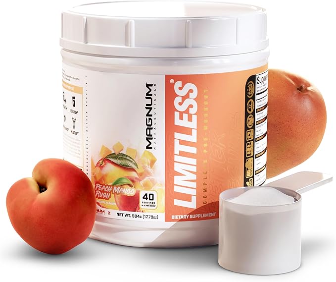 LIMITLESS Magnum 504g - Muscle Workout Powder, Sport Pre Workout for Men and Women, May Assist & Support Increase Energy, Focus, and Endurance - Peach Mango Rush
