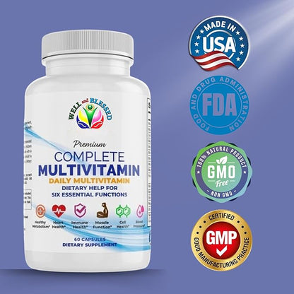 Complete Daily Multivitamins Supplement - 60 Capsules - Essential Vitamins & Minerals - Immune, Heart and Support - Suitable for Both Men and Women