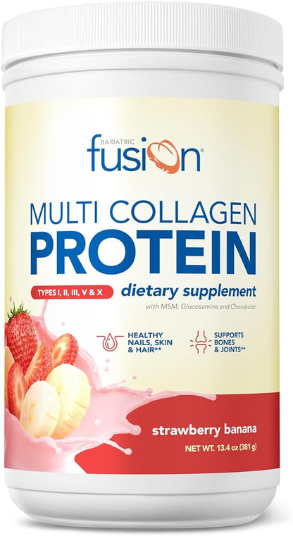 Bariatric Fusion Strawberry Banana Multi Collagen Protein Powder | Plus Joint Support Complex of MSM and Glucosamine | Dairy, Gluten & Soy Free | Non-GMO | 30 Servings
