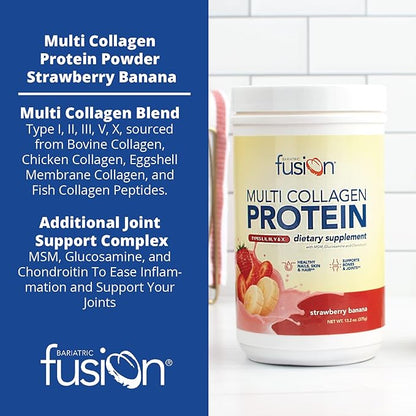 Bariatric Fusion Strawberry Banana Multi Collagen Protein Powder | Plus Joint Support Complex of MSM and Glucosamine | Dairy, Gluten & Soy Free | Non-GMO | 30 Servings