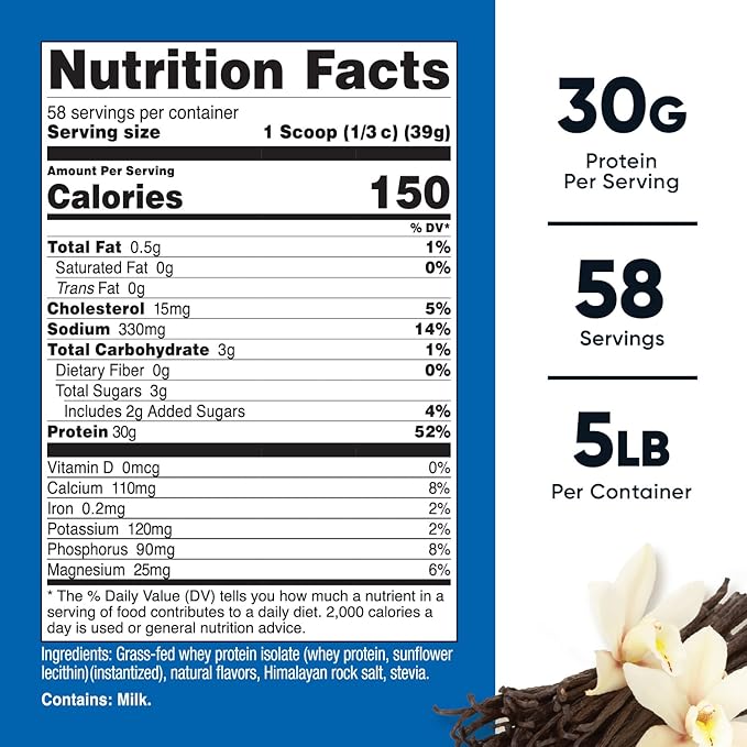 Nutricost Grass-Fed Whey Protein Isolate (Vanilla) 5LBS - Non-GMO, Gluten Free, Natural Flavors