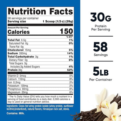 Nutricost Grass-Fed Whey Protein Isolate (Vanilla) 5LBS - Non-GMO, Gluten Free, Natural Flavors