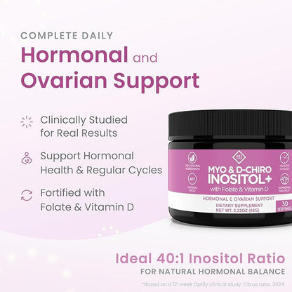 Premium Inositol Supplement - Myo-Inositol and D-Chiro Inositol Powder Plus Folate and Vitamin D - Ideal 40:1 Ratio - Hormone Balance & Healthy Ovarian Support for Women - Vitamin B8-30 Day Supply