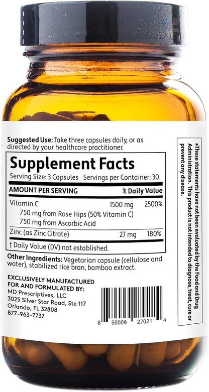 Rose C MD – Synergistic Vitamin C Dietary Supplement with Antioxidants: Rose HIPS, Ascorbic Acid & Zinc – 90 Capsules