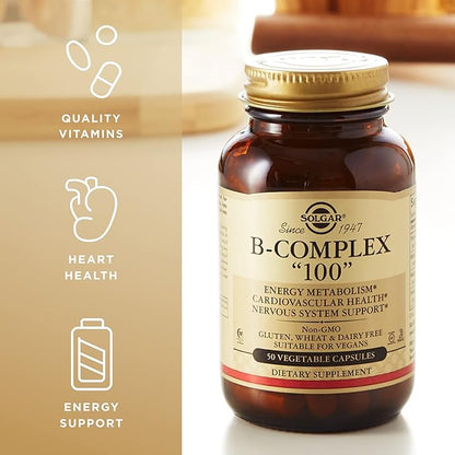 Solgar B-Complex "100" - 50 Vegetable Capsules - Energy Metabolism, Cardiovascular Health, Nervous System Support - Non-GMO, Vegan, Gluten Free - 50 Servings