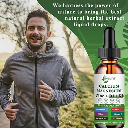 Calcium Magnesium Zinc Liquid Drops, Liquid Magnesium Glycinate 500mg Calcium 1000mg with Vitamin D3,K2,B6,B12,Coq10 for Bone Strength, Muscle Function,6X Stronger Than Gummies Capsules