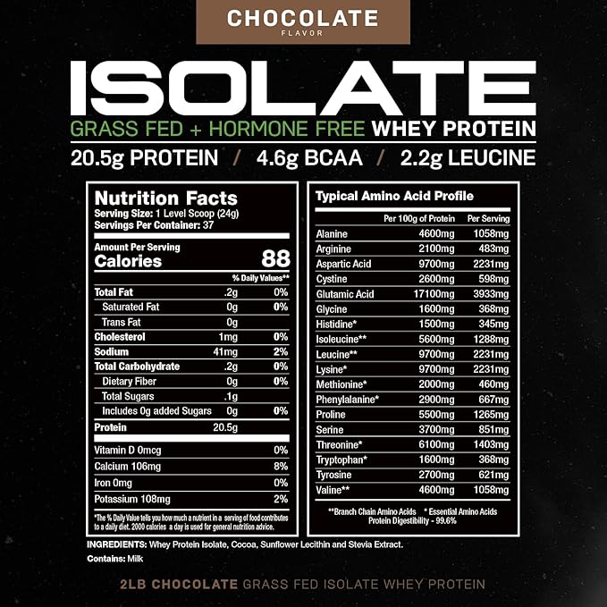 Muscle Feast Grass-Fed Whey Protein Isolate, All Natural Hormone Free Pasture Raised, Chocolate, 2lb