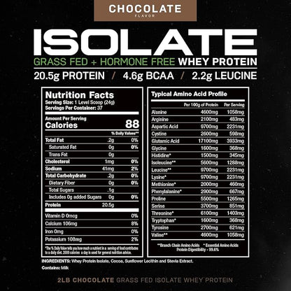 Muscle Feast Grass-Fed Whey Protein Isolate, All Natural Hormone Free Pasture Raised, Chocolate, 2lb