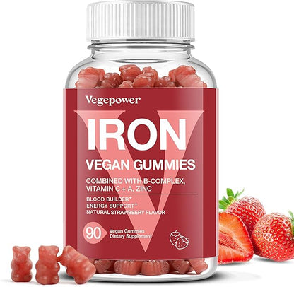 Iron Gummies Supplements for Women & Kids - Multivitamin with Iron for Blood Builder, Great Tasting Iron Gummy Vitamins with Vitamin C for Max Absorption - Vegan Iron Chewable, Strawberry 90 Count