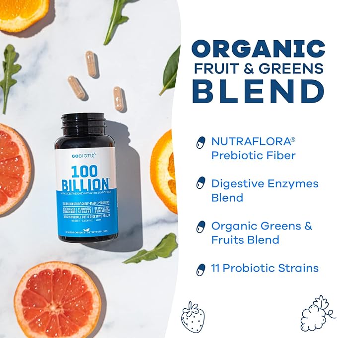 GOBIOTIX 100 Billion - Probiotics and Prebiotics Supplement Pills - Digestive Enzymes and Prebiotic Fiber Blend - 100 Billion CFU - Organic Fruit and Greens Blend - Vegan, Non GMO - 30 Capsules