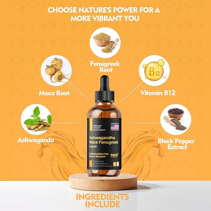 Ashwagandha Maca Fenugreek Extracts - Supports Energy & Focus - Liquid Supplement for Men & Women - 60 Day Servings, Vegan Drops (4 oz)