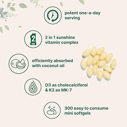 Micro Ingredients Vitamin D3 5000 IU Plus K2 (MK-7) 100 mcg, 300 Virgin Coconut Oil Softgels | 2 in 1 Vitamins D & K Complex | Supports Calcium Absorption, Bone, Immune, & Heart Health