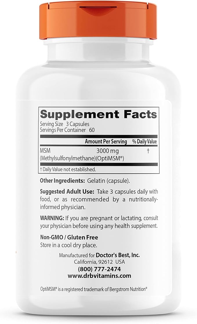 Doctor's Best MSM with OptiMSM, Joint Support, Immune System, Antioxidant and Protein-Building Role, Non-GMO, Gluten Free, 1000 mg, 180 Caps