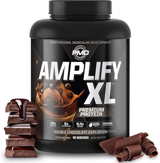 PMD Sports Amplify XL Premium Whey Protein Supplement Hydro Greens Blend - Glutamine and Whey Protein Matrix with Superfood for Muscle, Strength and Recovery - Double Chocolate Explosion (48 Servings)
