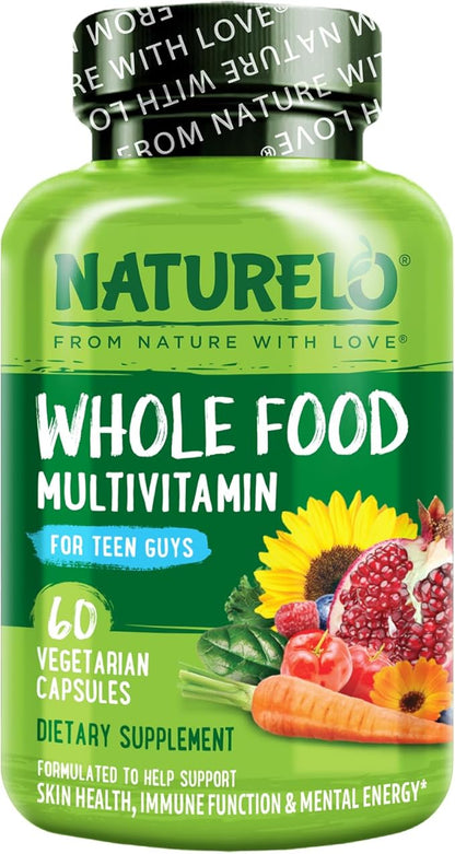 NATURELO Whole Food Multivitamin for Teenage Boys - Vitamins and Minerals Supplement for Active Kids - with Plant Extracts - Non-GMO - Vegan & Vegetarian - 60 Capsules