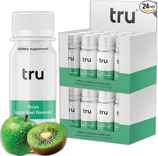 Tru Focus Shot, Apple Kiwi Flavored Extra Strength Energy Shots - Zero Sugar Nootropic Drink plus Adaptogens, Choline, and Yerba Mate - Natural Caffeine, GF, Keto, Vegan Supplement, 2oz (Pack of 24)