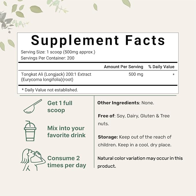 Micro Ingredients Tongkat Ali Extract 200:1 (Longjack) Powder, 100 Grams, Grown in Indonesia, 100% Pure Eurycoma Longifolia Root Extract, Bitter Taste - No Filler, No Additive, Non-GMO