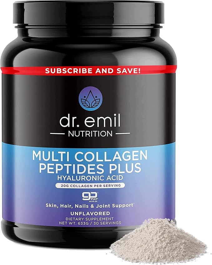 DR. EMIL NUTRITION Multi Collagen Peptides Powder - 20g of Unflavored Hydrolyzed Collagen Protein Powder with Hyaluronic Acid for Hair, Skin, Nails and Joints - 30 Servings