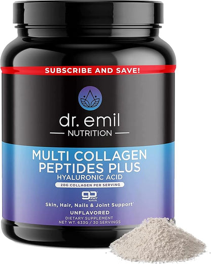 DR. EMIL NUTRITION Multi Collagen Peptides Powder - 20g of Unflavored Hydrolyzed Collagen Protein Powder with Hyaluronic Acid for Hair, Skin, Nails and Joints - 30 Servings