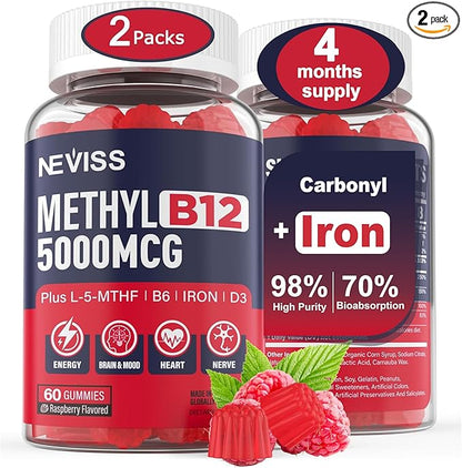 Iron Gummies 18mg+Vitamin B12 5000 mcg for Adults Kids - 4 Months Supply - 98% Purity Carbonyl Iron Supplement for Women Men, w/Folate,D3,B6 for Iron Deficiency&Anemia, Red Blood Cell Formation,Energy