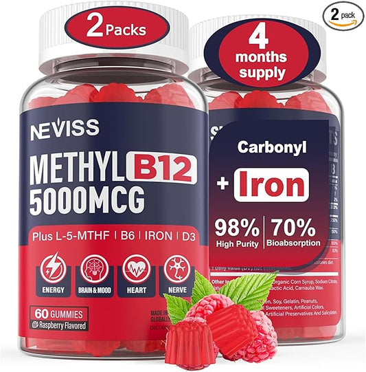 Iron Gummies 18mg+Vitamin B12 5000 mcg for Adults Kids - 4 Months Supply - 98% Purity Carbonyl Iron Supplement for Women Men, w/Folate,D3,B6 for Iron Deficiency&Anemia, Red Blood Cell Formation,Energy