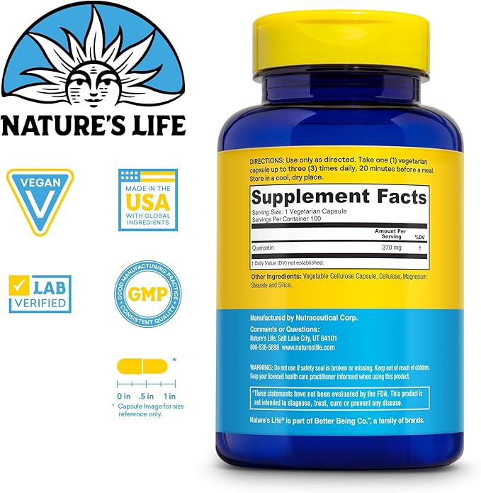 Nature's Life Fortifying Quercetin 370 mg - Bioflavonoid Support for Overall Wellness - Quercetin Supplements - Lab Verified, 60-Day Money-Back Guarantee - 100 Servings, 100 Vegetarian Capsules