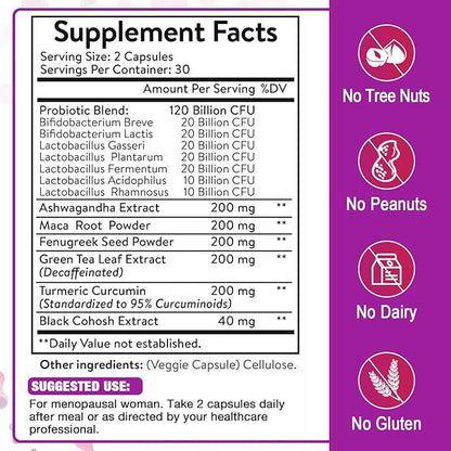 Menopause Supplements for Women, 120 Billion CFU Menopause Probiotics for Women, All-Natural Probiotic for Hot Flashes Menopause, Night Sweats, Mood Swings, Gut and Hormone - 60 Herbal Capsules