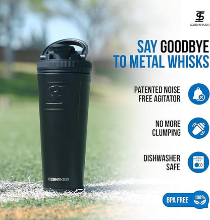 Ice Shaker Insulated Stainless Steel Shaker Bottle | 26oz, Black | Cold for 30+ Hours | Insulated Cup with Twist-on Agitator | Odor-Free Shaker Cup for Protein Shakes, Water, Smoothies, Cocktails