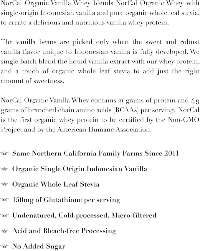 NorCal Organic Vanilla Whey Protein - 2lbs | Grass-Fed, Single-Origin Vanilla | Certified Non-GMO & American Humane from California Farms