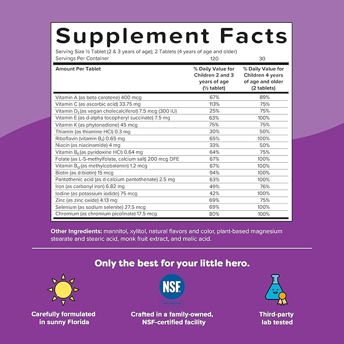 Renzo's Picky Eater Kids Multivitamin with Iron - Dissolving Kids Vitamins with Vitamin D3 & K2 and More - 60 Sugar-Free Melty Tabs, Cherry Cherry Mo’ Cherry Flavored