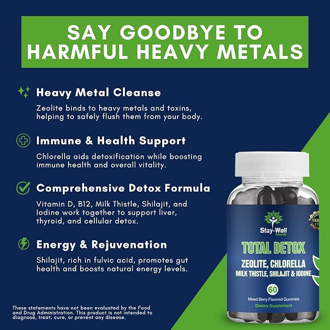 Total Detox, Heavy Metal Detox for Adults- Zeolite, Chlorella, Milk Thistle, Shilajit & Iodine, Toxin Cleanse, Heavy Metal Cleanse, 60 Mixed Berry Gummies