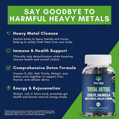 Total Detox, Heavy Metal Detox for Adults- Zeolite, Chlorella, Milk Thistle, Shilajit & Iodine, Toxin Cleanse, Heavy Metal Cleanse, 60 Mixed Berry Gummies