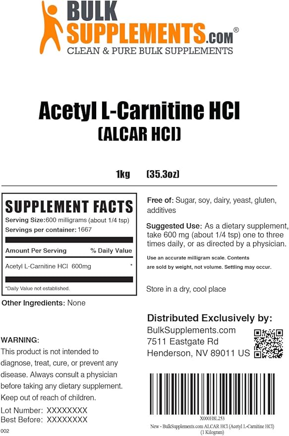 BulkSupplements.com Acetyl L-Carnitine Powder - ALCAR Powder, Acetyl L-Carnitine 1500mg, Carnitine Supplement - Gluten Free, 1500mg per Serving, 1kg (2.2 lbs) (Pack of 1)