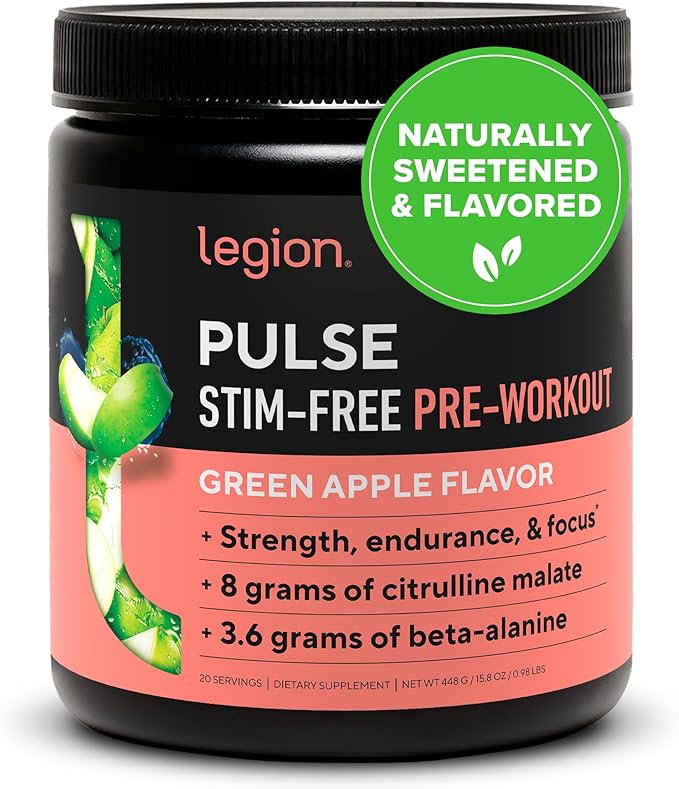 LEGION Pulse Pre Workout Supplement - All Natural Nitric Oxide Preworkout Drink to Boost Energy, Creatine Free, Naturally Sweetened, Beta Alanine, Citrulline, Alpha GPC (Caffeine Free Green Apple)
