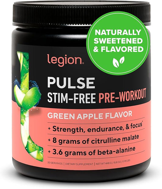 LEGION Pulse Pre Workout Supplement - All Natural Nitric Oxide Preworkout Drink to Boost Energy, Creatine Free, Naturally Sweetened, Beta Alanine, Citrulline, Alpha GPC (Caffeine Free Green Apple)