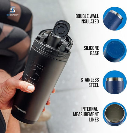 Ice Shaker Insulated Stainless Steel Shaker Bottle | 26oz, Navy | Cold for 30+ Hours | Insulated Cup with Twist-on Agitator | Odor-Free Shaker Cup for Protein Shakes, Water, Smoothies, Cocktails