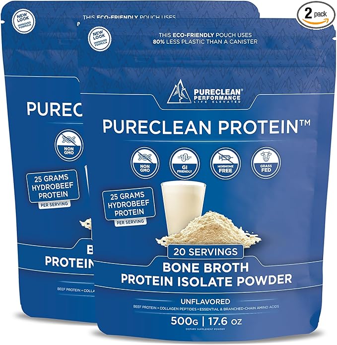 PureClean Protein 25G Organic Grass Fed Beef Bone Broth Protein from Swedish Cattle - Paleo, Keto-Friendly, Gluten-Free, Sugar-Free, Dairy-Free - Enhanced with Collagen Peptides - (2 Bags Unflavored)