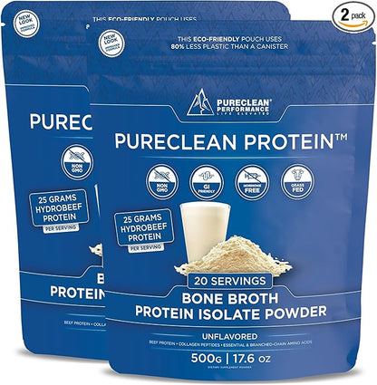 PureClean Protein 25G Organic Grass Fed Beef Bone Broth Protein from Swedish Cattle - Paleo, Keto-Friendly, Gluten-Free, Sugar-Free, Dairy-Free - Enhanced with Collagen Peptides - (2 Bags Unflavored)