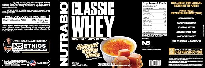 NutraBio Classic Whey Protein Powder- 25G of Protein Per Scoop - No Fillers, Artificial Colors, Preservatives - Caramel Creme Brulee, 2 Pounds