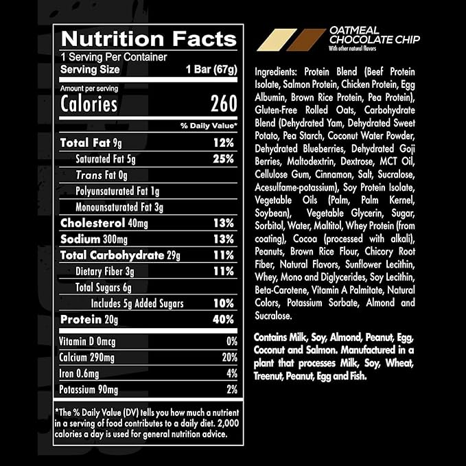 REDCON1 MRE Protein Bar, Oatmeal Chocolate Chip - Contains MCT Oil + 20g of Whole Food Protein - Easily Digestible, Macro Balanced Low Sugar Meal Replacement Bar (12 Bars)