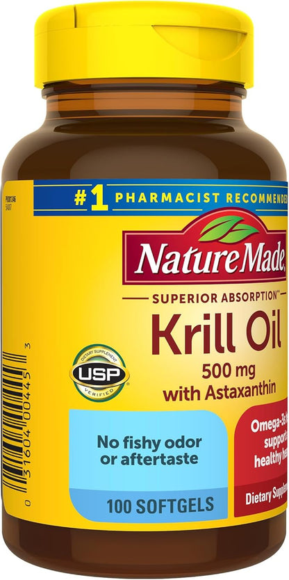 Nature Made Superior Absorption Krill Oil 500mg with Astaxanthin and Phospholipids, Omega 3s for Heart Health Support, 100 Softgels, 100 Day Supply