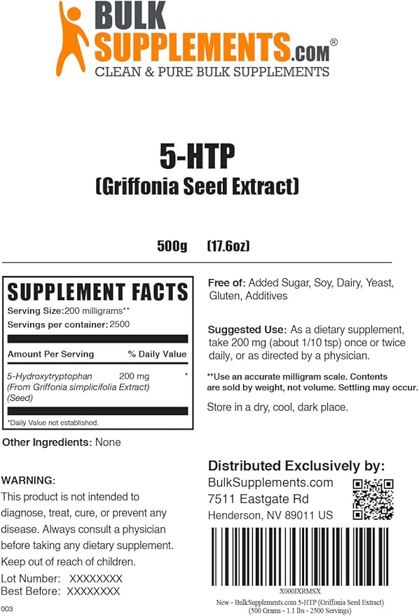 BulkSupplements.com 5-HTP Powder - 5-Hydroxytryptophan, 5 HTP Supplement - 5-HTP 200mg, Mood Support Supplement - Gluten Free, 200mg per Serving, 500g (1.1 lbs) (Pack of 1)