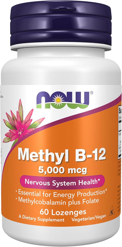 NOW Foods Supplements, Methyl B-12 (Methylcobalamin) 5,000 mcg, Nervous System Health*, 60 Lozenges