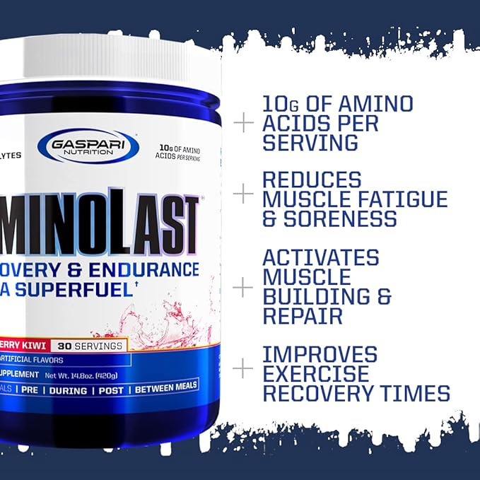 Gaspari Nutrition Aminolast, Recovery and Endurance BCAA Superfuel, 2:1:1 Amino Acid Ratio, Fueled with Electrolytes (30 Servings, Kiwi Strawberry)