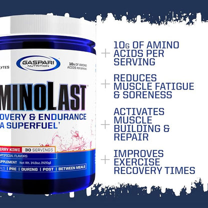 Gaspari Nutrition Aminolast, Recovery and Endurance BCAA Superfuel, 2:1:1 Amino Acid Ratio, Fueled with Electrolytes (30 Servings, Fruit Punch)