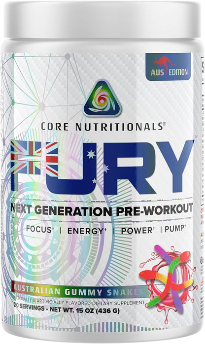 Core Nutritionals Fury Platinum Pre Workout Intensifier with 375mg Caffeine, 5G Creatine Monohydrate, 6G L-Citruline for Maximum Pump, Power, Focus and Energy, 20 Servings (Austrailan Gummy Snakes)