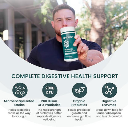 UpNourish Probiotics - 200 Billion CFUs, 15 Strains, Prebiotics & Enzymes - 60 Vegan Capsules
