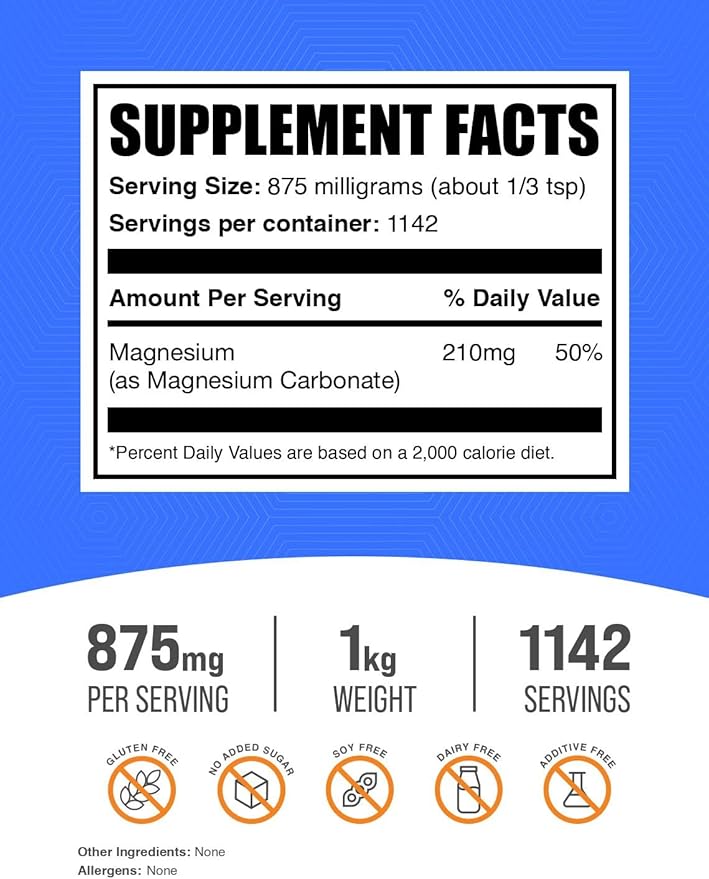 BulkSupplements.com Magnesium Carbonate Powder - Magnesium Carbonate Supplement, Magnesium Carbonate Food Grade - Gluten Free, 875mg per Serving, 1kg (2.2 lbs) (Pack of 1)