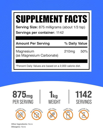 BulkSupplements.com Magnesium Carbonate Powder - Magnesium Carbonate Supplement, Magnesium Carbonate Food Grade - Gluten Free, 875mg per Serving, 1kg (2.2 lbs) (Pack of 1)